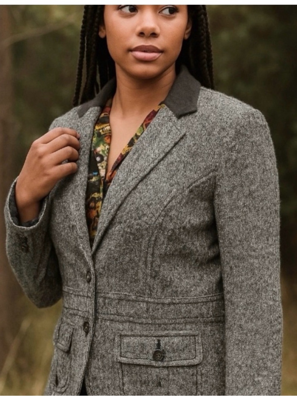 CAbi Gray Tweed Blazer with Black Collar